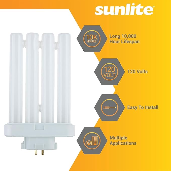 Sunlite FML27/30K Quad Tube Plug-in Compact Fluorescent Light Bulb, FML 4-Pin, 27 Watts, 1500 Lumens, 3000K Warm White, 4-Pin (GX10q4) Base, 120 Volts, 1 Pack
