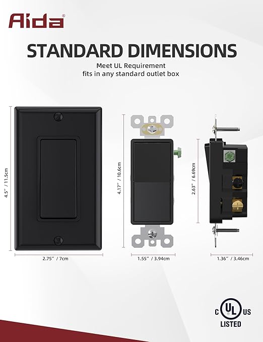 AIDA 4 Way Switch Decorative Light Switch, 15Amp, 120/277 Volt, AC Decorator Rocker Switch, Wall Plate Included, Self-Grounding, Residential and Commercial Grade, UL Listed (20 Pack, Glossy Black)