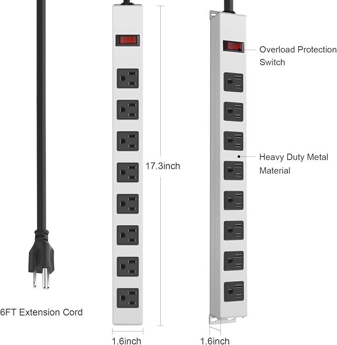 JUNNUJ Metal 8 Outlet Power Strip, Mountable Heavy Duty Power Strip, 1200J Surge Protector Wall Mount Screws Outlet with Switch, Gaming Desk Strips Wide Spaced 15A 125V 1875W, 6 FT 14AWG Power Cord