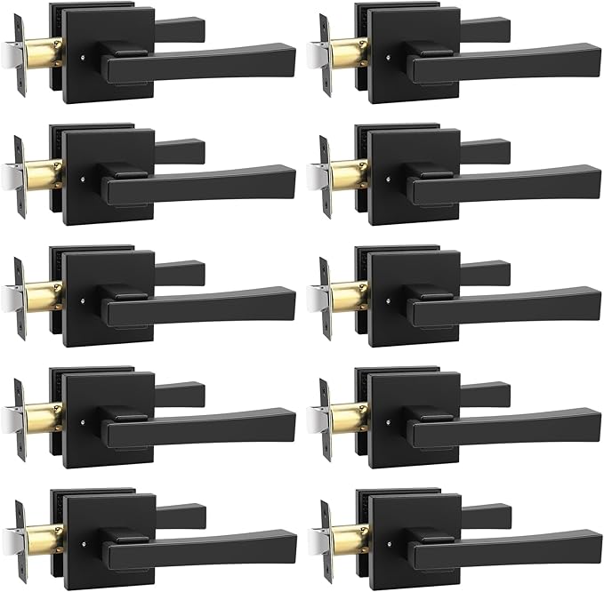 knobelite 10 Pack Privacy Door Handle,Keyless Matte Black Interior Door Knob,Heavy Duty Door Lever Hardware for Bedroom/Bathroom,Reversible for Left & Right
