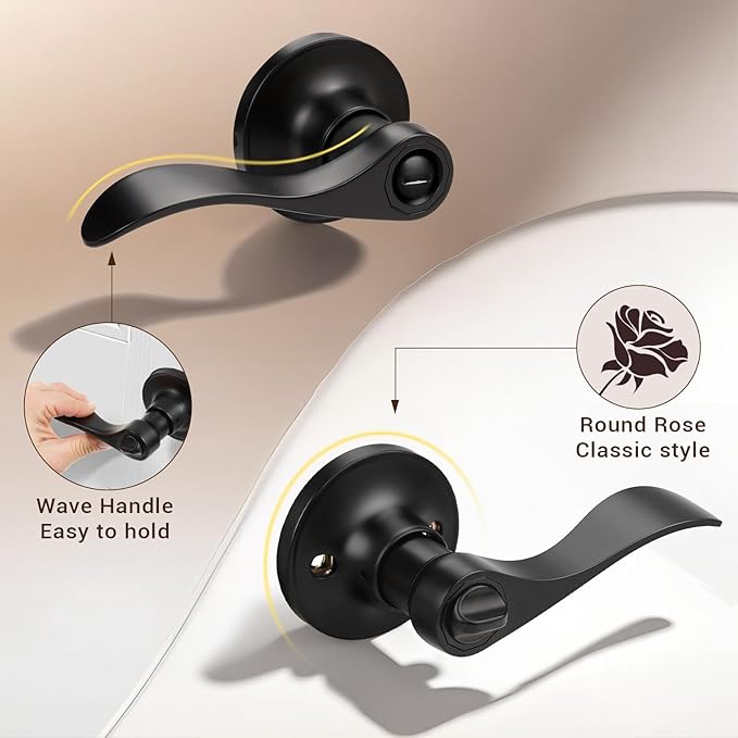 Knobonly 3 Pack Matte Black Privacy Door Levers Interior Door Handles for Bedroom and Bathroom Door Knobs Keyless Privacy Door Handles with Lock, Zinc Alloy Reversible for Right/Left