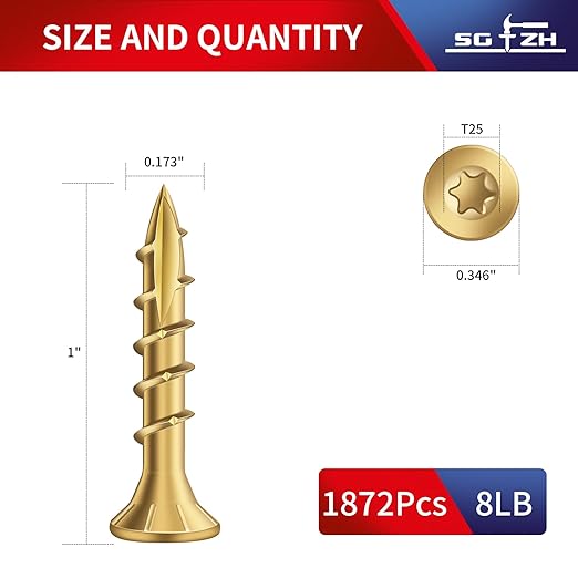 #8 x 1 Inch Deck Screws (1872Pcs) 8lb. Exterior Wood Screws. Carbon Steel, Tan, Flat Head, Rust Resistant epoxy Coated, with T25 Star Bit