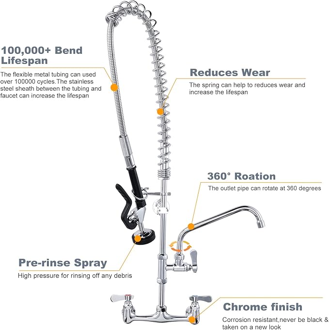 Commercial Kitchen Faucet Wall Mount with Pre-Rinse Sprayer 36" Height Wall Mount Kitchen Sink Faucet 8 Inch Center with 10" Add-on Swing Spout Faucet & Coiled Spring Pull Down Spray