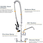 Commercial Kitchen Faucet Wall Mount with Pre-Rinse Sprayer 36" Height Wall Mount Kitchen Sink Faucet 8 Inch Center with 10" Add-on Swing Spout Faucet & Coiled Spring Pull Down Spray