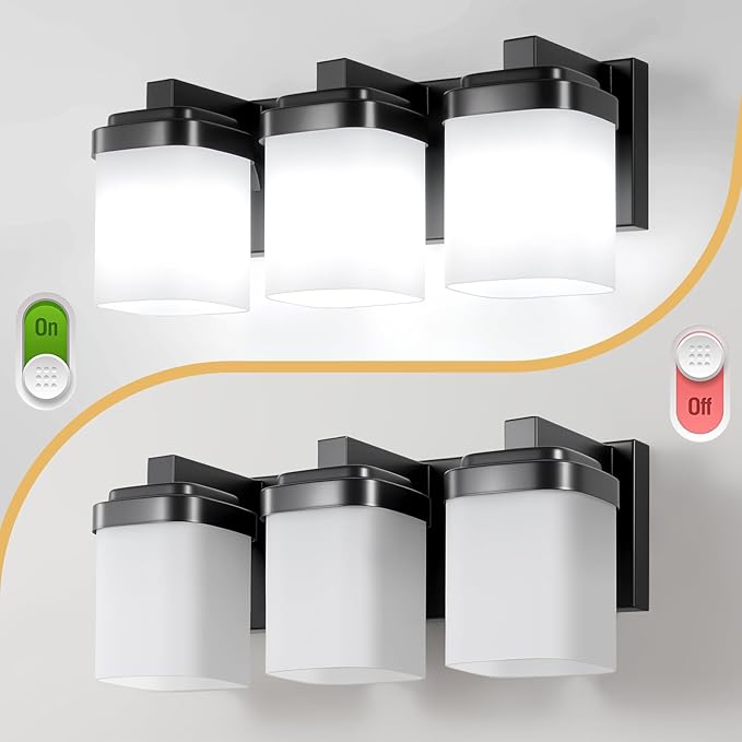 3-Light Black Bathroom Light Fixtures, Vanity Lights for Bathroom Mirror Lamp with Milky White Square Glass Shade, E26 Base Modern Wall Sconce Light Kitchen Light Fixtures Led Vanity