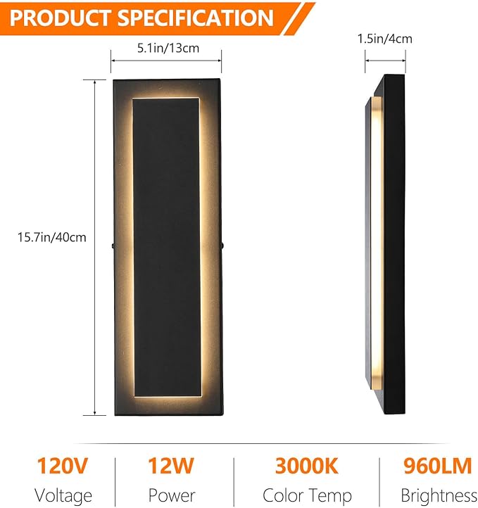 tewei 2 Pack Modern LED Outdoor Wall Lights, Black Exterior Wall Sconce & Indoor Wall Sconce Lighting Fixtures, 15.7'' Large Front Door Lights for Entrance, Hallway, 360° Beam Angle, Warm White 3000K