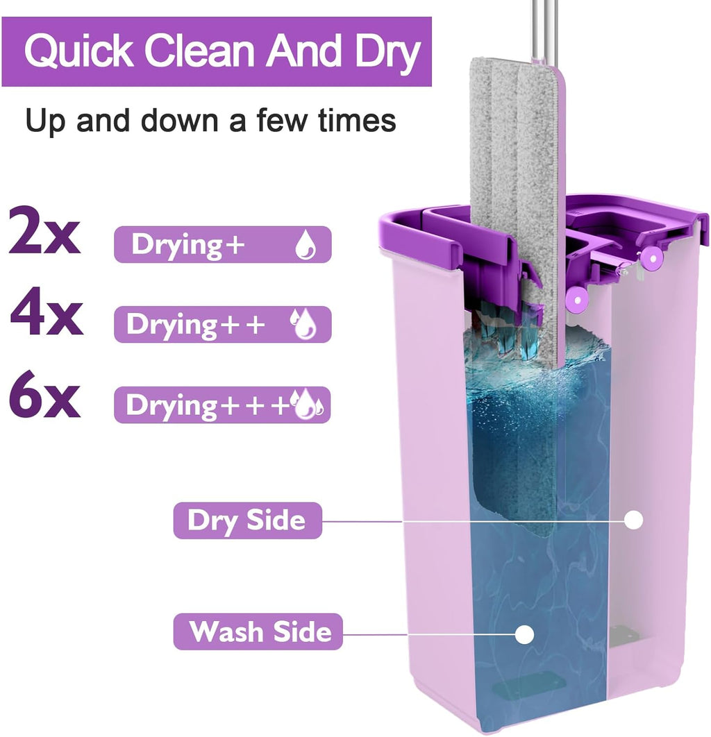 Mop and Bucket with Wringer Set, Hands Free Flat Floor Mop and Bucket, 5 Washable Microfiber Pads Included, Wet and Dry Use, Home Floor Cleaning System for All Floor Types and Windows,Purple