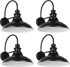 Outdoor Barn Light Fixtures, 12.3 Inch Large Dome Farmhouse Exterior Wall Mount Lights, Gooseneck Wall Sconce Indoor Wall Lighting, Industrial Black White Finish Lanterns for Porch, RZ004-4 BK+WH