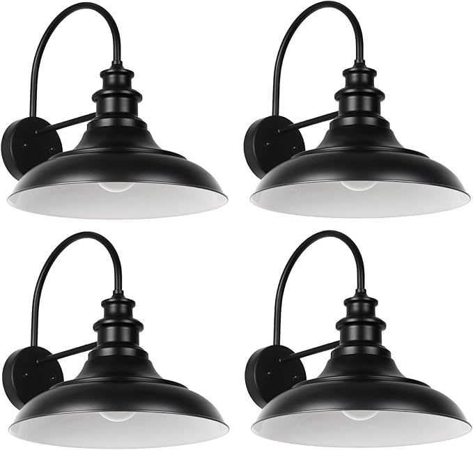 Outdoor Barn Light Fixtures, 12.3 Inch Large Dome Farmhouse Exterior Wall Mount Lights, Gooseneck Wall Sconce Indoor Wall Lighting, Industrial Black White Finish Lanterns for Porch, RZ004-4 BK+WH