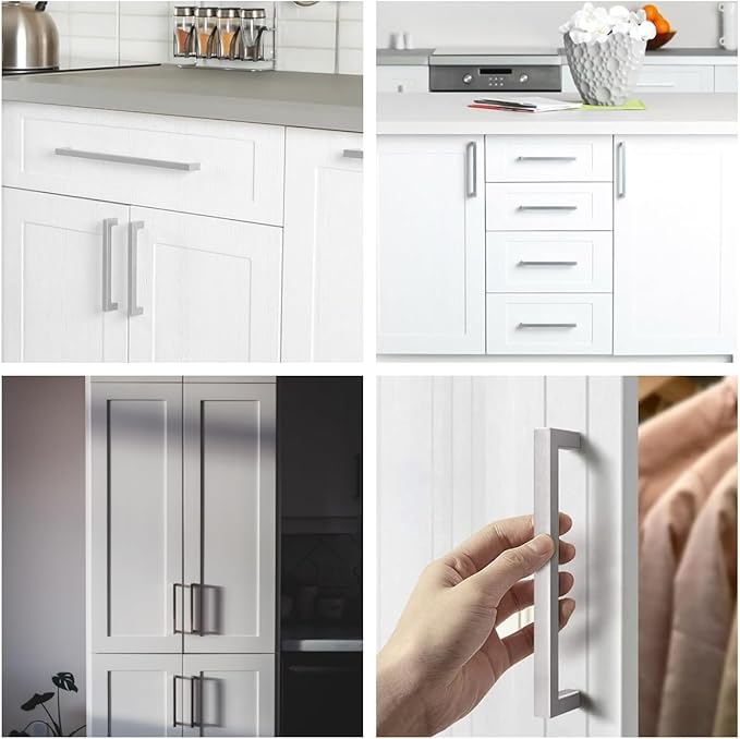 10 Pack Brushed Nickel Cabinet Pulls 3 3/4 Inch Hole Center Square Cabinet Pulls Drawer Handles Cupboard Handles Modern Stainless Steel Kitchen Cabinet Hardware