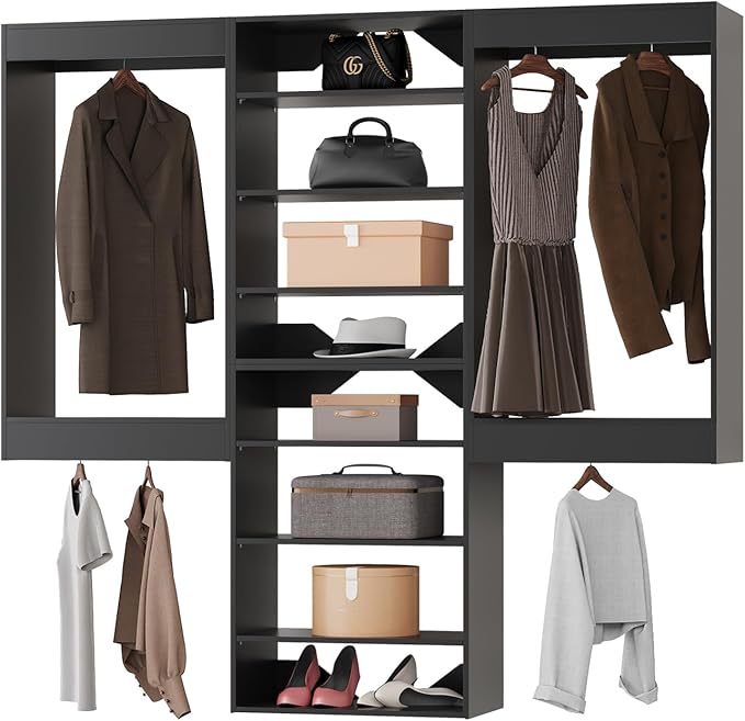 Modular Closet System, 66" Wide Organizer With Hanging and Towers, Wood Storage for Walk In Closets, Wall Mounted Wardrobe Kit, Bedroom, Black