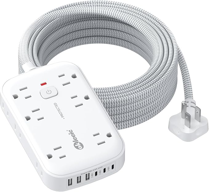 2100J Surge Protector Flat Plug Extension Cord 20 FT with 12 AC Outlets 6 USB Ports 5V/4.8A 24W, 20Ft Long Braided Thin Cord Wall Mount Long Charging Station for Travel Home Office College Dorm