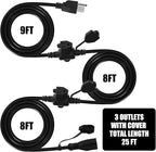 25Ft Outdoor Extension Cord - Evenly Spaced 3 Outlets Plugs with Safety Cover, 16/3 SJTW Weatherproof Multi Outlet Extension Cord for Landscape, Halloween, Holiday Decor, ETL Listed (Black)
