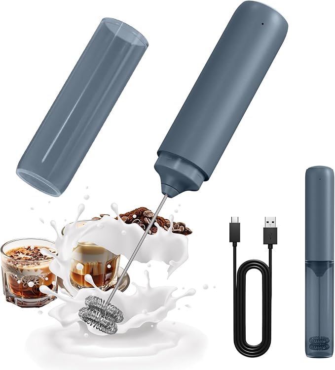 CIRCLE JOY Rechargeable Milk Frother Hanheld, Dual Ring Electric Coffee Frother, Portable Hand Frother Wand Drink Mixer for Matcha Lattes Cappuccino, Kitchen Gifts, Blue
