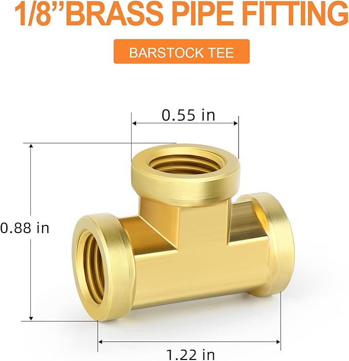 GASHER 2 Pcs Brass Tee Fitting, 1/8" x 1/8" x 1/8" NPT Female Pipe Fittings