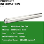 TAISHER 1PCS 304 Stainless Steel Pipe Fittings, 1" NPT Male Threaded, 12" Length Weld Nipple Cast Pipe