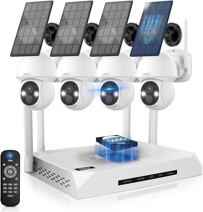 《100% Solar Powered &Full 360° Coverage》Outdoor Wireless PTZ Camera System, 4MP Solar Powered Battery Cameras,Home Video Surveillance, Surveillance DVR Kits