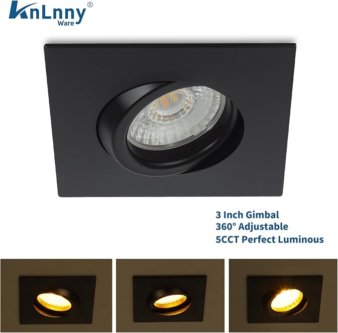 Square Black Recessed Lighting 3 Inch 6 Pack, Ajustable Eyeball recessed Light with Junction Box,5 Color Selectable,Airtight,9W 750LM,Dimmable,Black