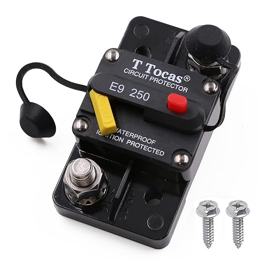 E9 250 Amp Circuit Breaker 12V - 48V DC with Manual Reset | UL Certified Waterproof IP67 | Surface Mount Switch Button with LED Indication 250A 3/8" Studs