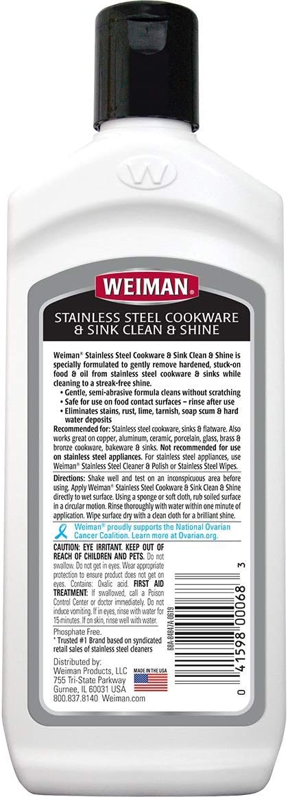 Weiman Stainless Steel Sink and Cookware Cleaner and Polish with Microfiber Cloth - 8 Ounce