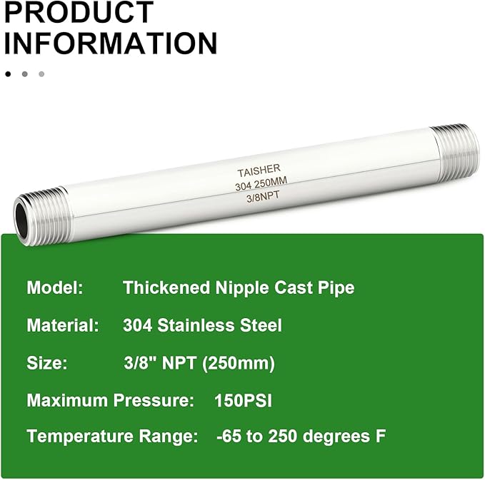 TAISHER 2PCS Stainless Steel Pipe Fittings, 3/8" NPT Male x 3/8" NPT Male Threaded, 10" Length Thickened Nipple Cast Pipe