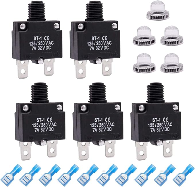 mxuteuk 5Pcs 7Amp Circuit Breakers Push Button Manual Reset 125/250V AC 32V DC,Overload Protector Switch Thermal Circuit Breakers with Quick Connect Terminals and Waterproof Button Caps ST1-5-7A