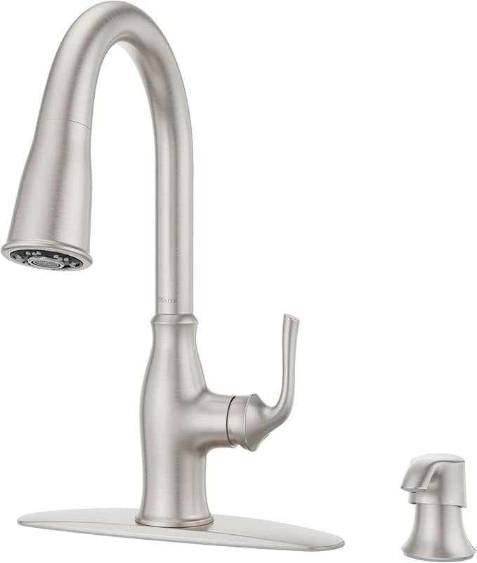 Pfister Rosslyn Kitchen Faucet with Pull Down Sprayer and Soap Dispenser, Single Handle, High Arc, NSF Certified, Spot Defense Stainless Steel Finish, F5297RSSRGS