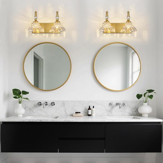 Vintage Bathroom Vanity Light, 2-Light Gold Vanity Lighting Fixture with Flower Glass Shade, Bathroom Lighting Fixtures Over Mirror