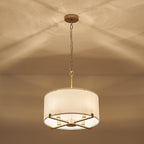 Modern Drum Chandelier 18” White and Gold Pendant Light Fixture Round Fabric Shade 4 Lights Semi Flush Mount Hanging Ceiling Chandelier for Dining Room Bedroom