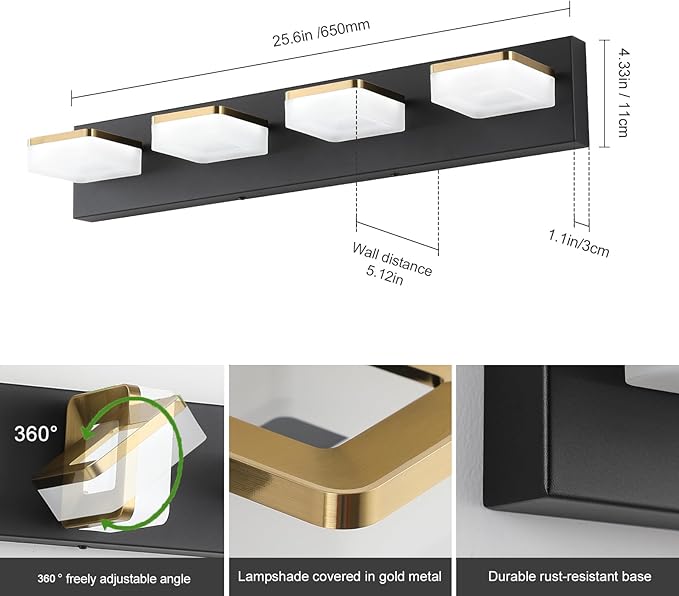 4-Light Dimmable LED Bathroom Vanity Fixture in Black/Gold with White Acrylic Shades, Rotatable Head, Sconce-Style Over-Mirror Lighting 5500K