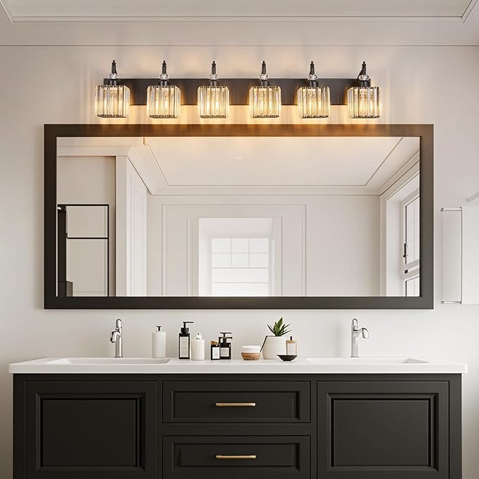 Crystal Vanity Lights - Black, 6 Light Bathroom Vanity Light with Crystal Fixture, Modern Style for Bathroom Mirror