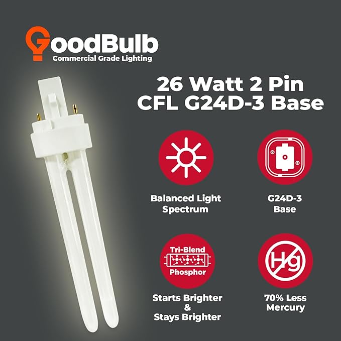 GoodBulb 26 Watt CFL Light Bulbs 2 Pin G24D-3 Base 3500K Neutral White 26W High Output 1800 Lumens Double Tube Compact Fluorescent Light Bulbs Plug-in 10 Pack