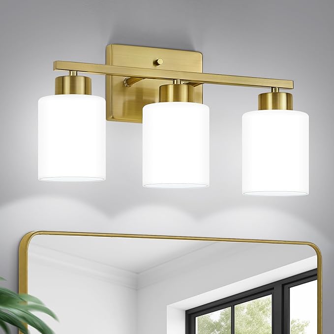 Brushed Gold Bathroom Light Fixtures, 3-Light Modern Vanity Light Over Mirror, Wall Sconces with Milky White Frosted Glass Shades, E26 Socket (Bulbs Not Included)