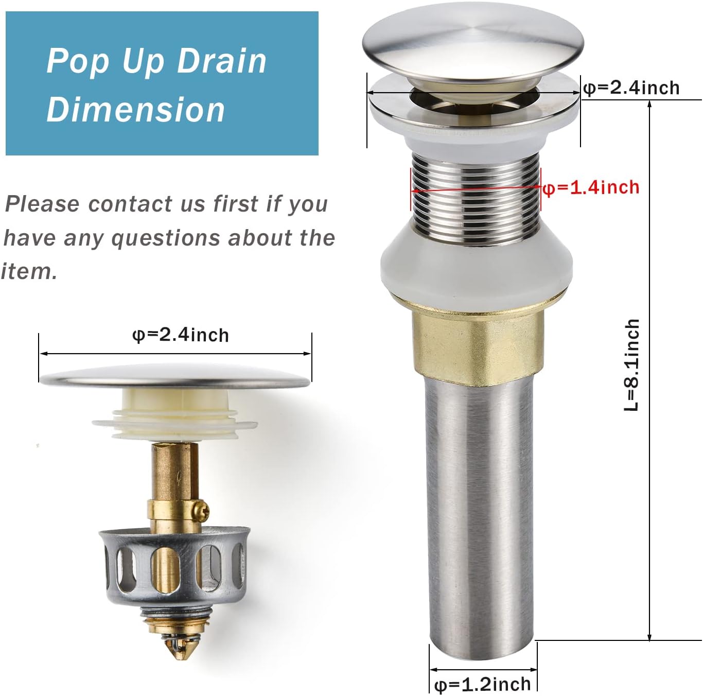Bathroom Sink Drain,Drain Stopper Bathroom Sink Without Overflow,Pop Up Drain Assembly with Detachable Strainer Basket,Built-in Anti-Clogging Strainer,Stainless Steel Brushed Nickel