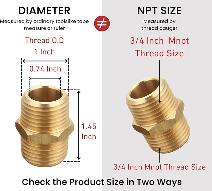 3/4 inch x 3/4 inch NPT Brass Hex Nipple Male Pipe Adapter, Thread 1" OD to 1" OD, (1 Piece)
