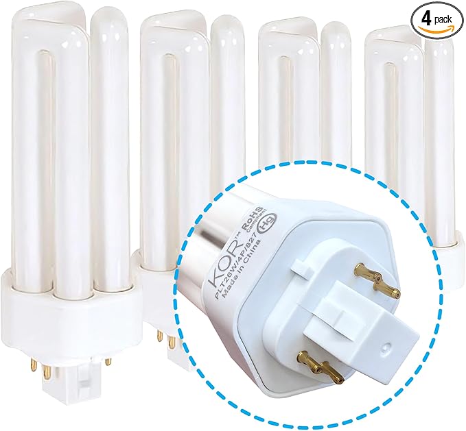 KOR 26W CFL Plug-in Bulb – GX24Q-3 Base, 2700K Warm White, Triple Tube, (4-Pin) Replaces Sylvania 20879, Philips 458240, GE 97614 – Pack of 4