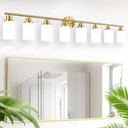8-Light Vanity Lights, Brushed Gold Bathroom Light Fixture with Striped Textured Milky White Glass Shade, Modern Vanity Lighting Fixture for Bathroom Wall Light Over Mirror, E26 Wall Sconce