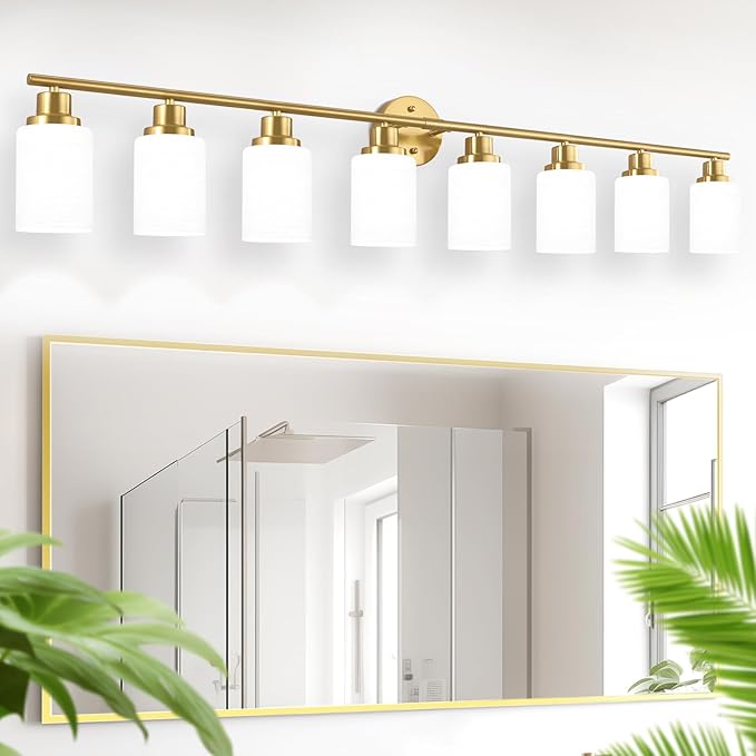 8-Light Vanity Lights, Brushed Gold Bathroom Light Fixture with Striped Textured Milky White Glass Shade, Modern Vanity Lighting Fixture for Bathroom Wall Light Over Mirror, E26 Wall Sconce