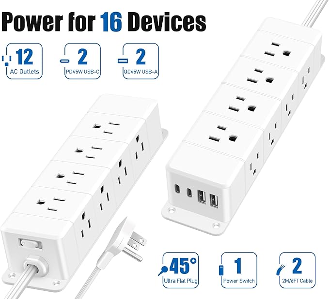 45W USB-C Fast Charging Under Desk Power Strip,12 Outlet Mountable Power Strip with 4 USB,1200J Surge Protection,6FT Flat Extension Cord