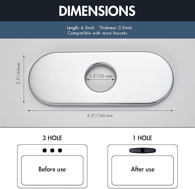 6 Inch Faucet Deck Plate for Bathroom Sink - Universal Fit for 1 Hole or 3 Hole 4 Inch Centerset Basins - Escutcheon Faucet Plate - Stainless Steel Faucet Hole Cover(Chrome)
