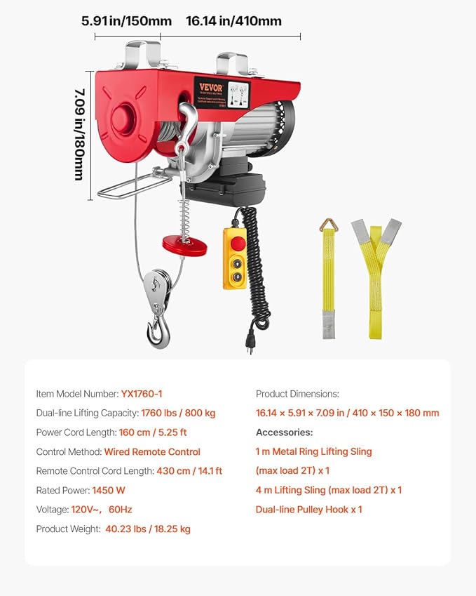 VEVOR Electric Hoist 1760lbs with 14ft Wired Remote Control, Electric Hoist 110 Volt with 40ft Single Cable Lifting Height Motor, for Garage Warehouse Factory