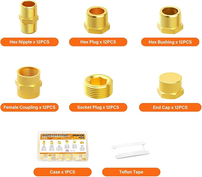 GASHER Brass Pipe Fittings Assortment Kit, Hex Nipple,Reducer Bushing,Reducing Hex Coupling,Hex Heand Plug,End Cap and Socket Plug(72Pcs)
