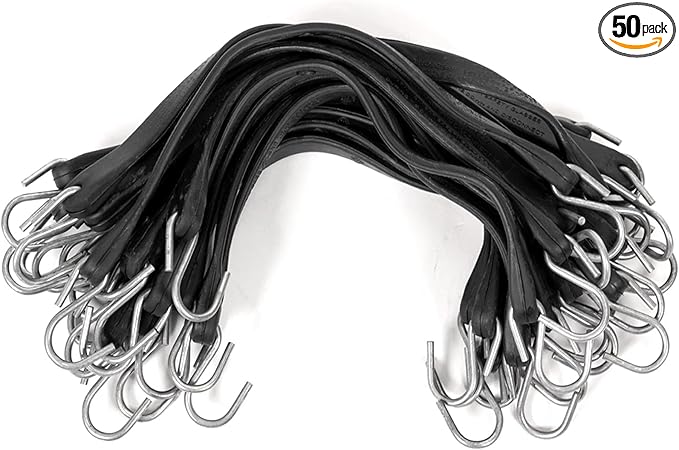 US Cargo Control 21 Inch Rubber Bungee Cords with S-Hooks (50 Pack), 32 Inch Stretch, Rubber Tarp Straps with Hooks for Flatbed Tarps, Trailers, Tarp Covers, Motorcycles, Cargo, Canopies, and More