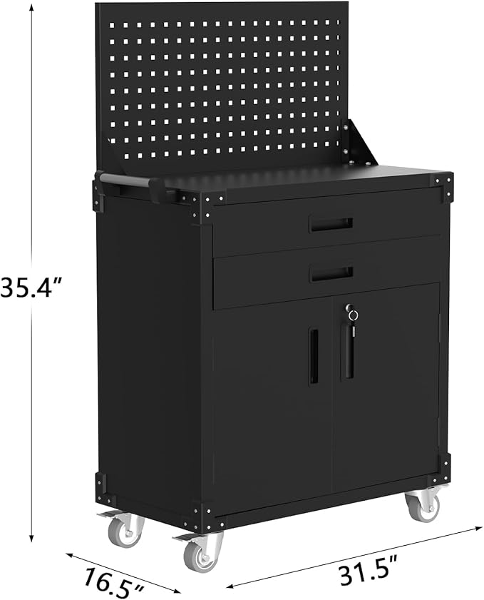 GarveeHome Rolling Tool Cabinet, Heavy Duty Steel Garage Storage Cabinet with 2 Drawers, Pegboard & 4 Wheels, Lockable Tool Cart Workbench for Workshop, Warehouse