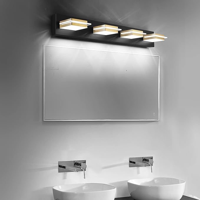 Black Vanity Light Fixture LED Dimmable Bathroom Lighting Fixture 4 Lights Bath Wall Sconces with Golden Metal Lampshade,White Light 3000K-6000K,3 Color