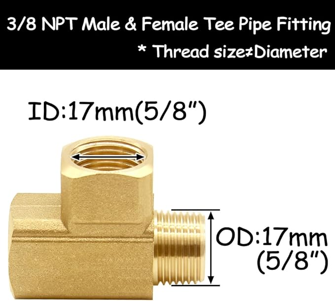 3/8 Inch Brass Tee Pipe Fitting 3/8" NPT Female x 3/8" NPT Female x 3/8" NPT Male for Water/Oil/Gas (Pack of 2)