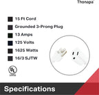 2 Pack White Extension Cord 15 ft, 16/3 SJTW Weatherproof Indoor & Outdoor Extension Cord 3 Prong Grounded Plug, Heavy Duty Power Cable Great for Home, Office, Outdoor Lights, US Veteran Owned