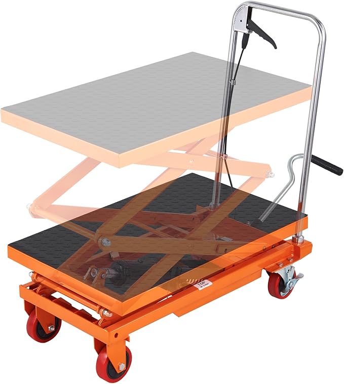 VEVOR Hydraulic Lift Table Cart, 330lbs Load Capacity 50 Inch Lifting Height, Manual Single Scissor Lift Table with Non-Slip Pad and 4 Wheels, Hydraulic Scissor Cart for Material Handling, Orange