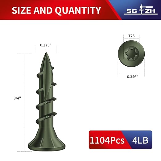 #8 x 3/4" Deck Screws (1104Pcs) 4lb. Exterior Wood Screws. Carbon Steel, Green, Flat Head, Rust Resistant epoxy Coated, with T25 Star Bit