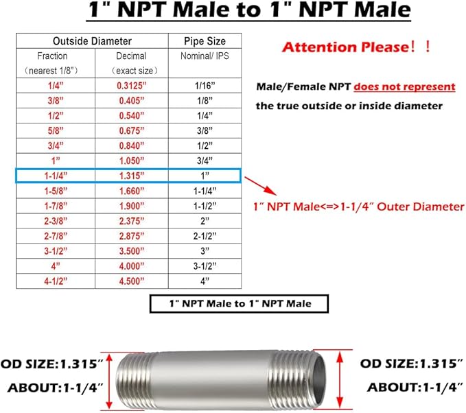 Beduan Stainless Steel Pipe Fittings 1" NPT x 1" NPT Male Threaded, 8" Length Nipple Cast Pipe for Air Water Fuel Gas